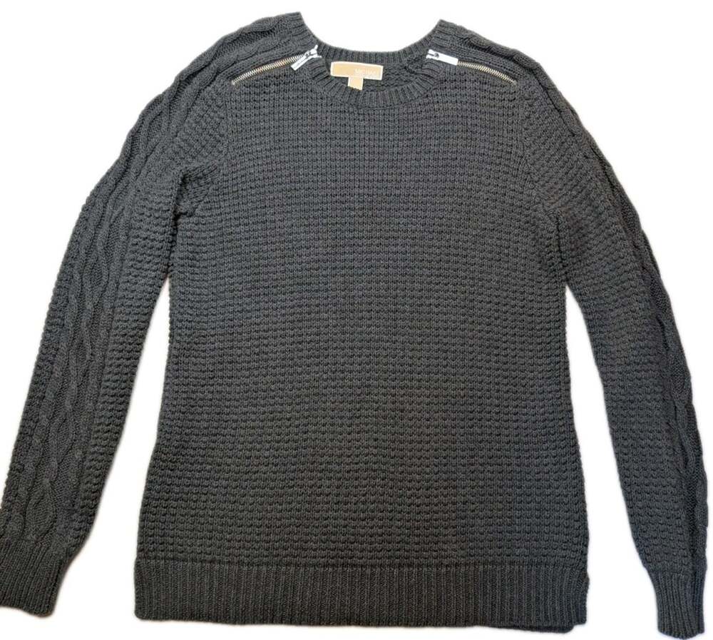 Michael Michael Kors Women's L Charcoal Gray Cable Knit Sweater Shoulder Zippers